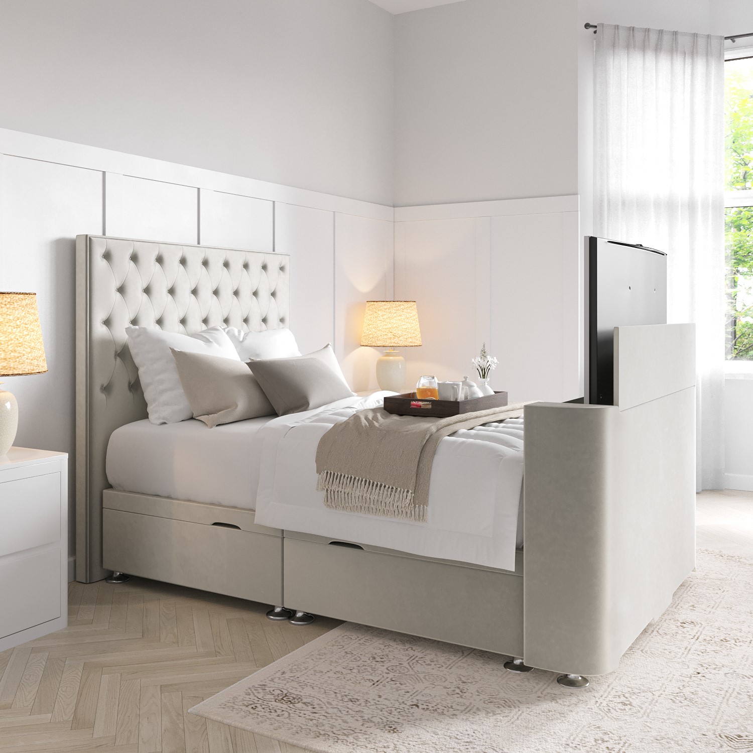 AVERY-180OTTO-OPULENCEOYSTER_1_Supersize Avery TV Ottoman Bed with Chesterfield Headboard - Image 1