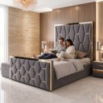 Gold Striped Luxury Royal High Headboard Bed with Gas lift Storage – Luxury Comfort & Smart Space Saving